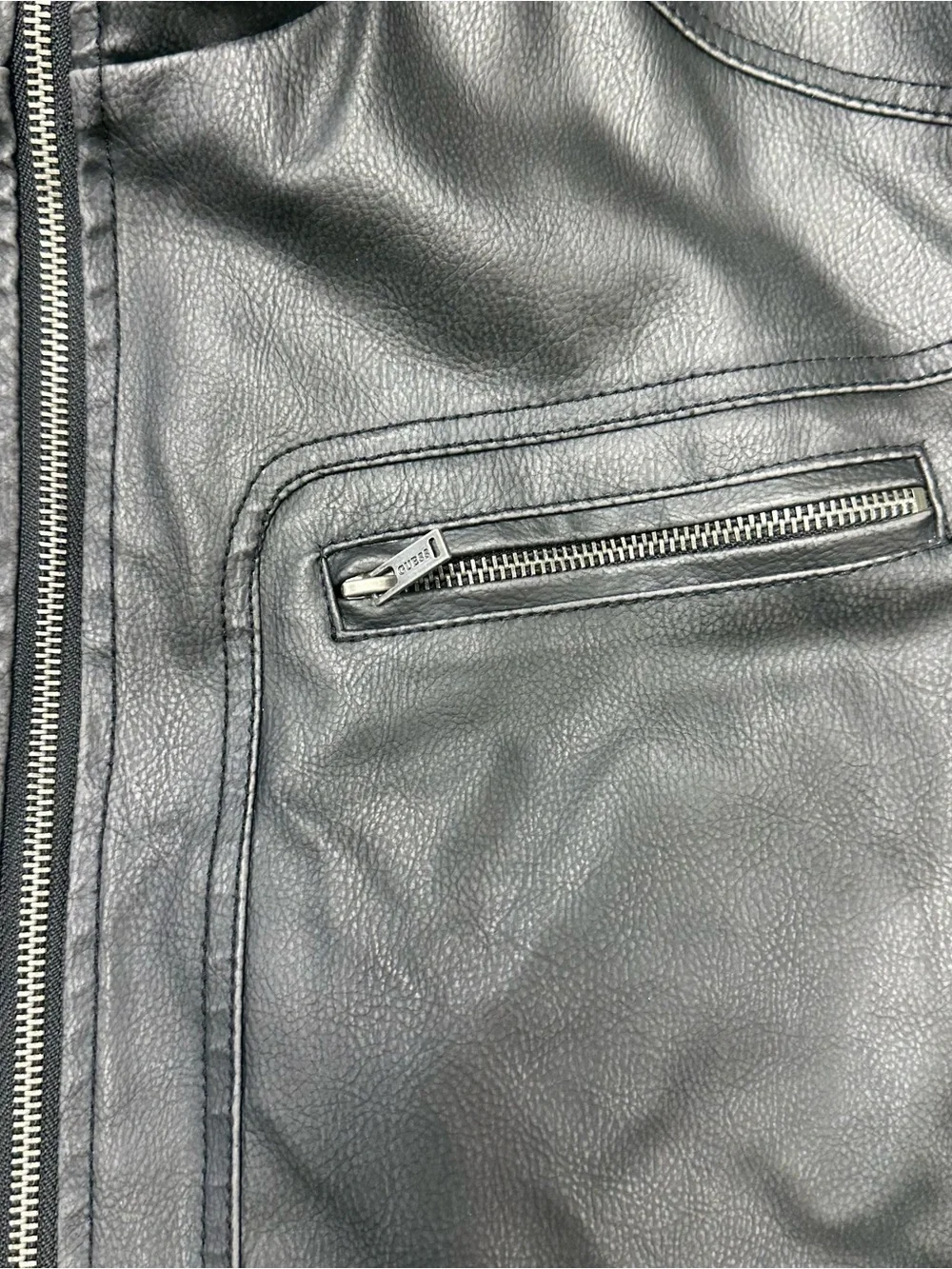 Guess Faux Leather Motorcycle Jacket Mens XL Black Zipper Lining Hoodie Moto